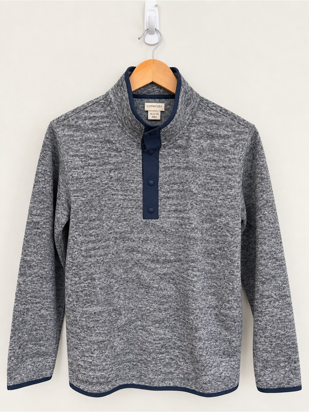 NWT J.Crew Crewcuts Kids XL 12-14 Gray Fleece Snap Pullover Navy Trim